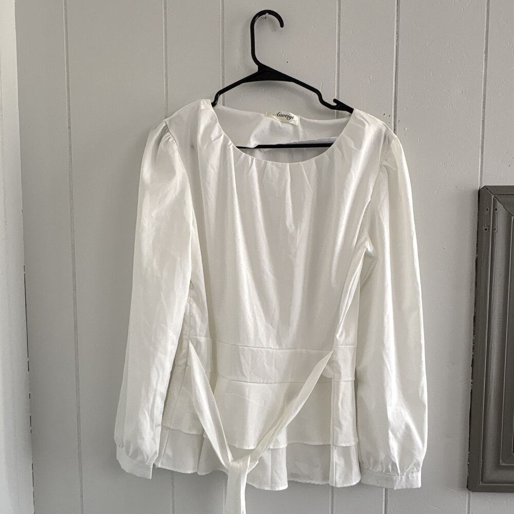 Aiweiyi White Solid Long Sleeve Scoop Neck Ruffle Pullover Blouse Maternity S - Picture 2 of 10